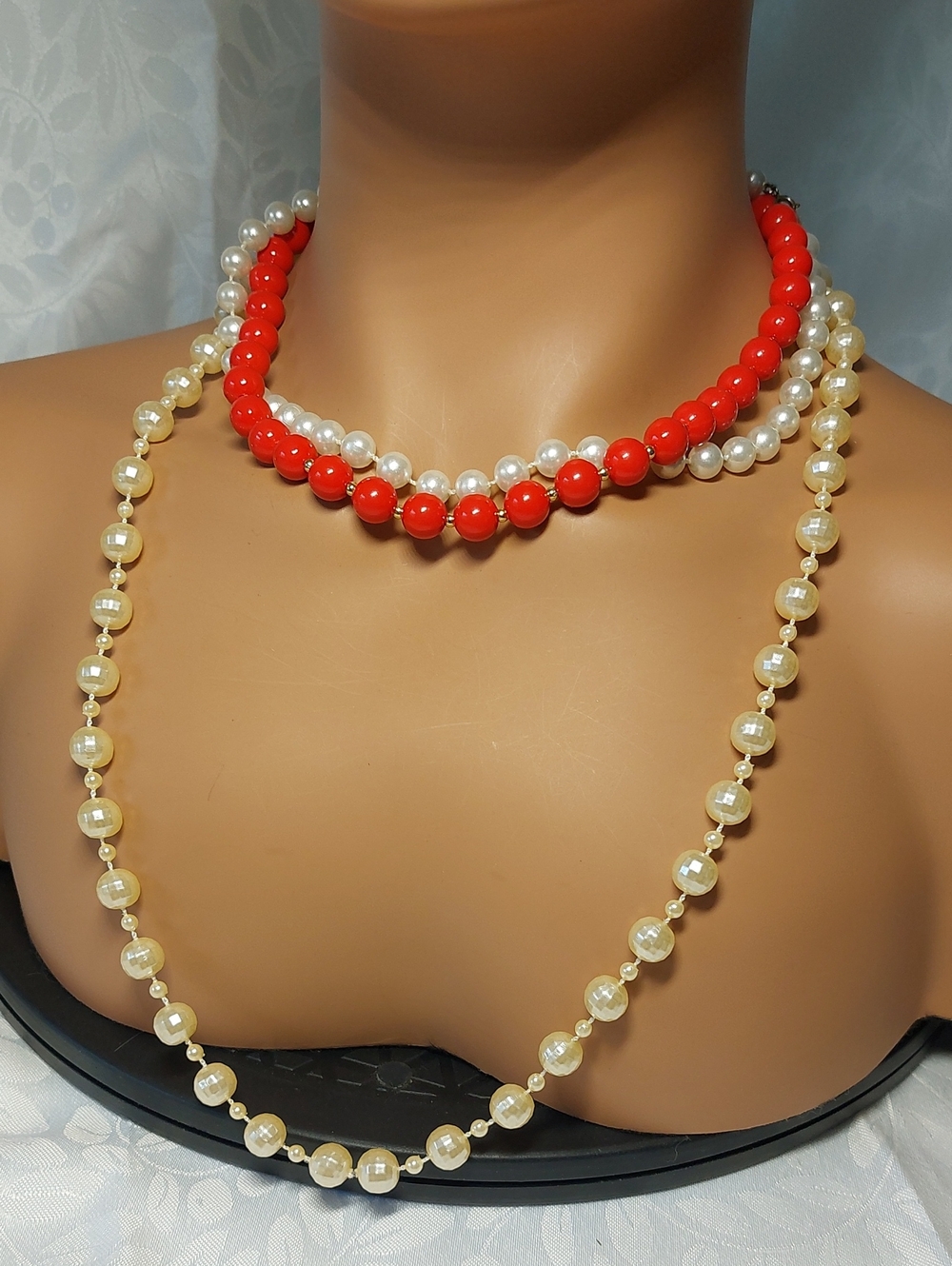 💜4/$25 Retro Mid Century Faux Pearl & Red Beaded Statement Necklace Set (3 Pcs)